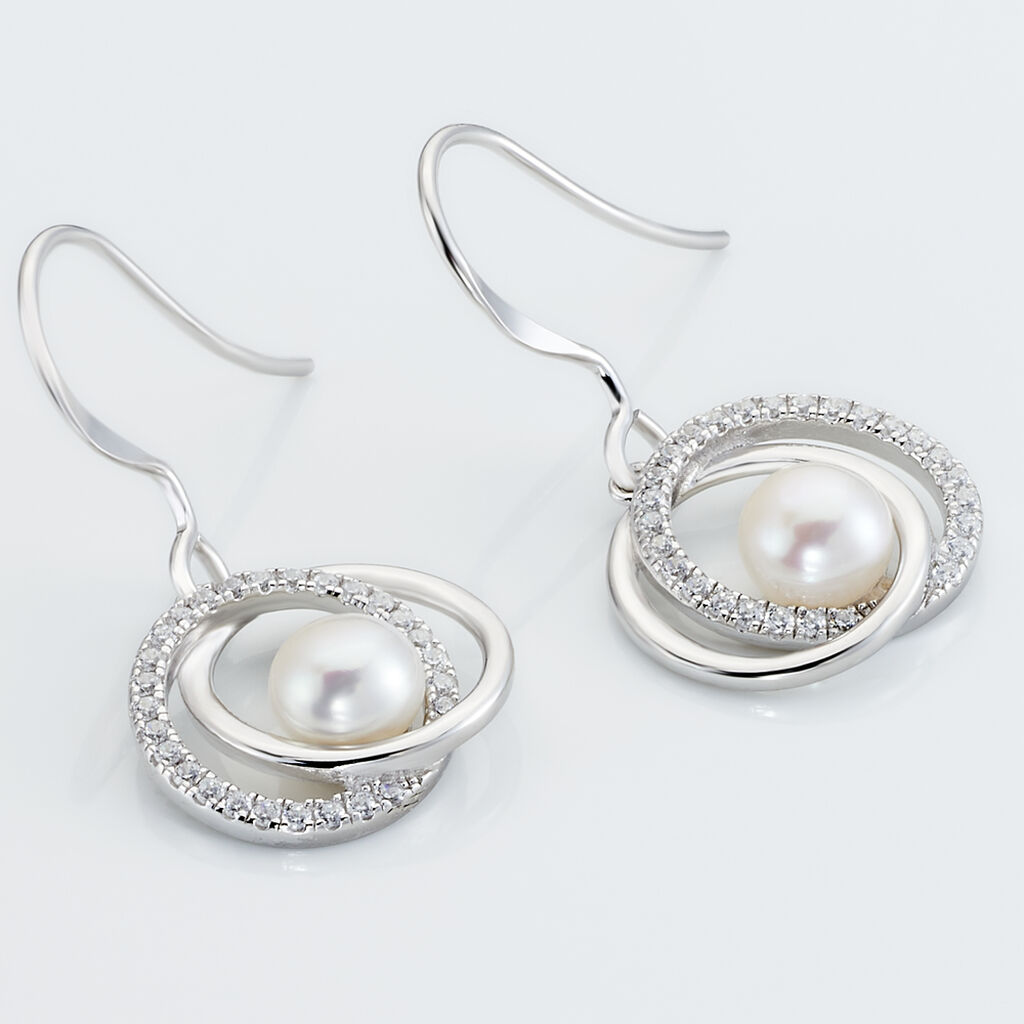 Boucles D'oreilles Pendantes Laury Argent  Perle De Culture Et Oxyde - Boucles d'oreilles fantaisie Femme | Histoire d’Or
