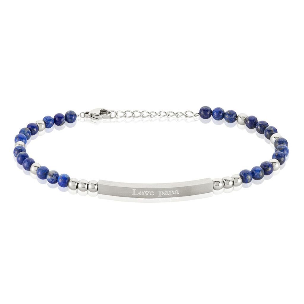 Bracelet Identit&eacute; Acier Blanc Boules Sebastino Lapis Lazuli - Gourmettes Homme | Histoire d&rsquo;Or