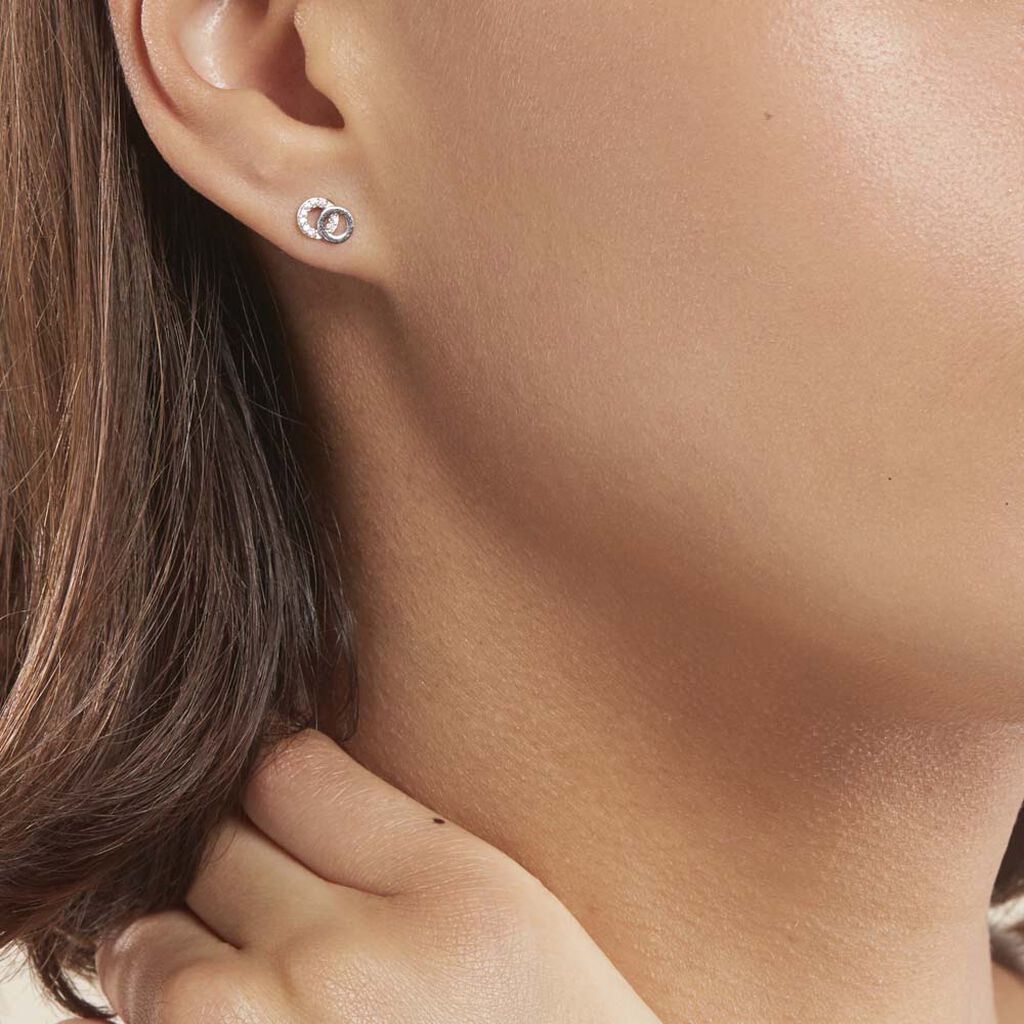 Boucles D'oreilles Puces Edmee Double Cercles Or Blanc Oxyde - Clous d'oreilles Femme | Histoire d’Or