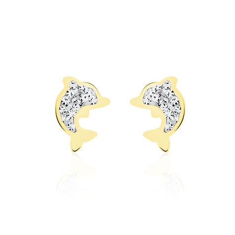 Boucles D'oreilles Puces Eleanor Dauphin 0 Or Jaune Strass - Clous d'oreilles Femme | Histoire d’Or