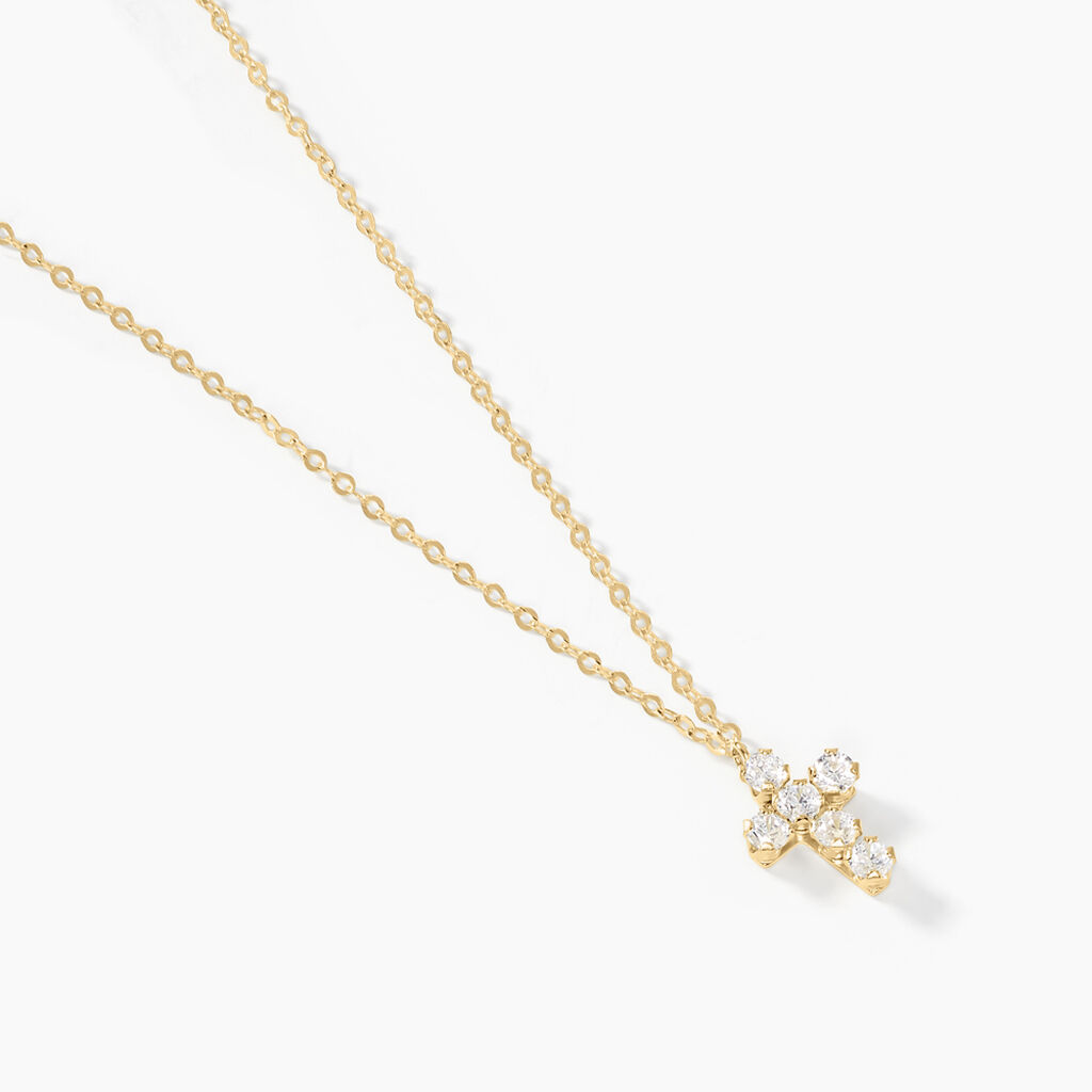 Collier Arene Croix Or Jaune Oxyde De Zirconium - Cadeaux de bapt&ecirc;me Famille | Histoire d&rsquo;Or