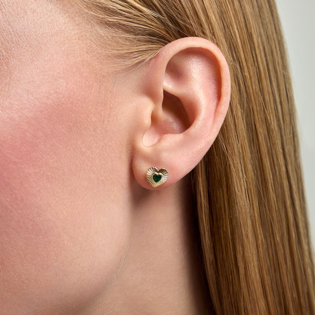 Boucles D'Oreilles Puces Obeline Argent Dor&eacute; A L'Or 750/1000 Malachite - Boucles d'oreilles fantaisie Femme | Histoire d&rsquo;Or