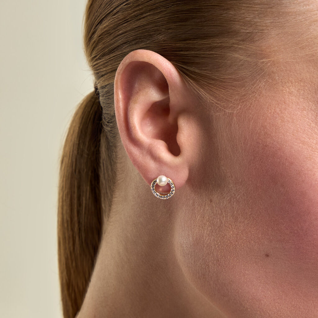 Boucles D'Oreilles Puces Piety Argent Dor&eacute; A L'Or 750/1000 Perle De Culture Oxyde De Zirconium - Clous d'oreilles Femme | Histoire d&rsquo;Or