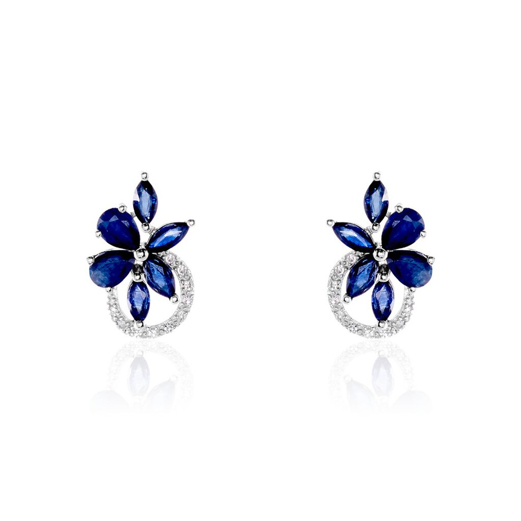 Boucles D'oreilles Puces Bouquet Or Blanc Saphir Et Diamant - Clous d'oreilles Femme | Histoire d&rsquo;Or