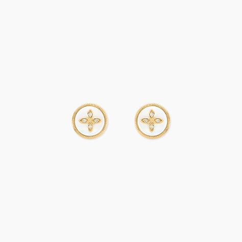 Boucles D'oreilles Puces Talisman Or Jaune Nacre Diamant - Clous d'oreilles Femme | Histoire d&rsquo;Or