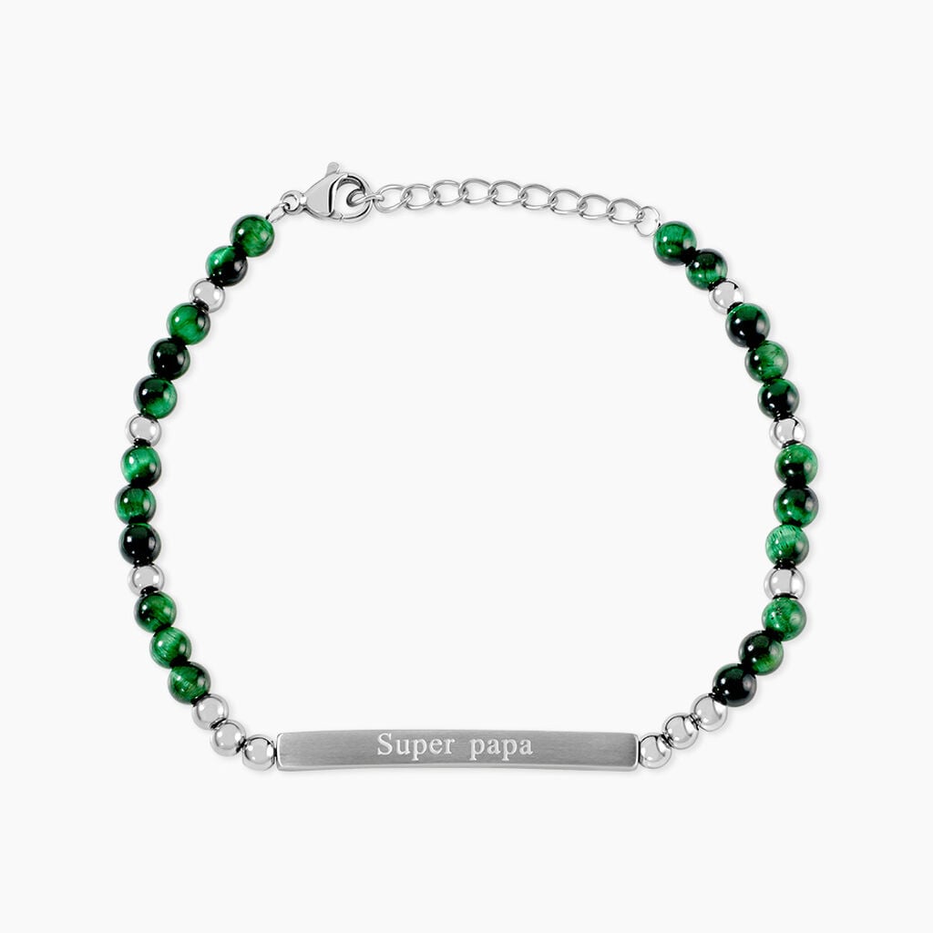 Bracelet Identit&eacute; Acier Blanc Boules Sebastino Agate - Bracelets Lithoth&eacute;rapie Homme | Histoire d&rsquo;Or