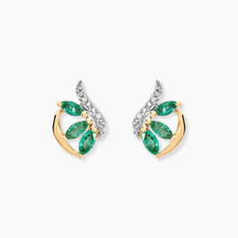 Boucles D'oreilles Puces Or Bicolore Caetlin Emeraude Diamant - Clous d'oreilles Femme | Histoire d’Or