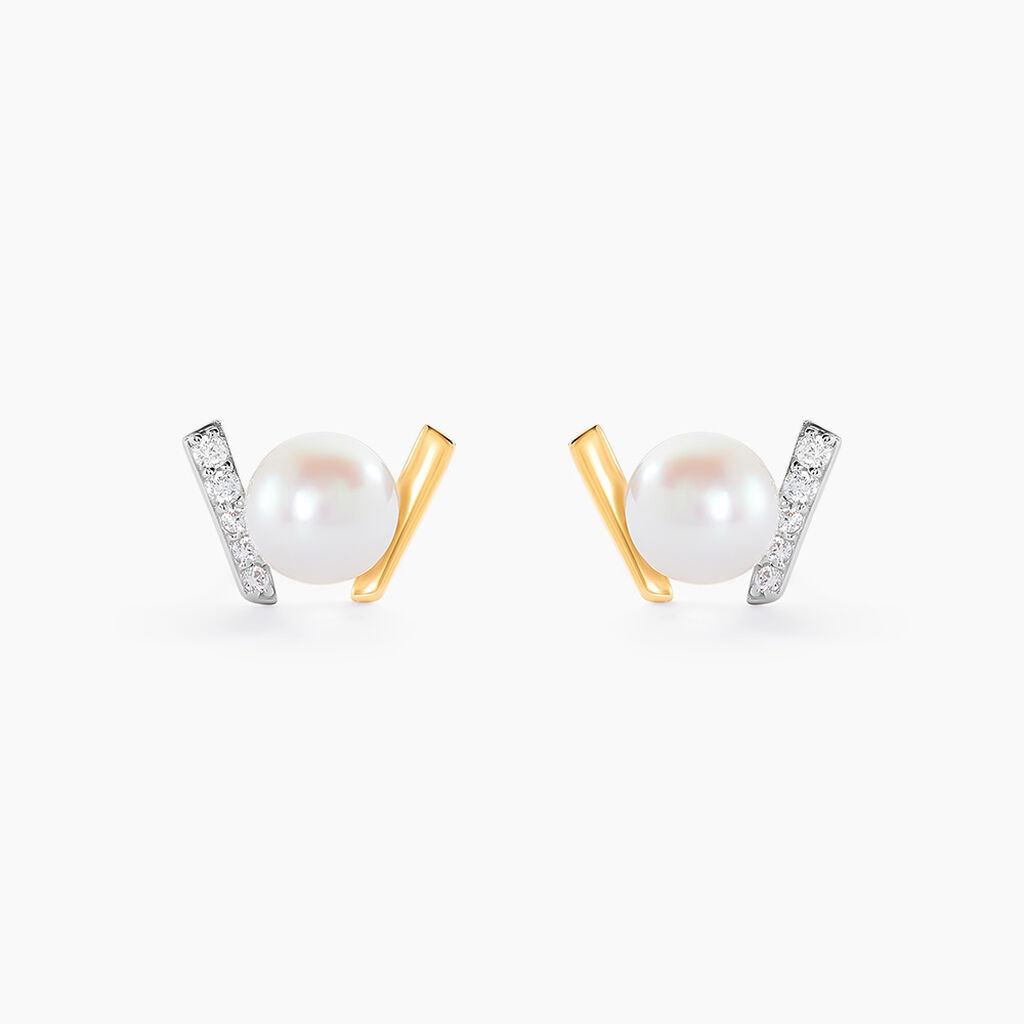 Boucles D'oreilles Puces Pearly Or Jaune Perle De Culture Oxyde - Clous d'oreilles Femme | Histoire d’Or