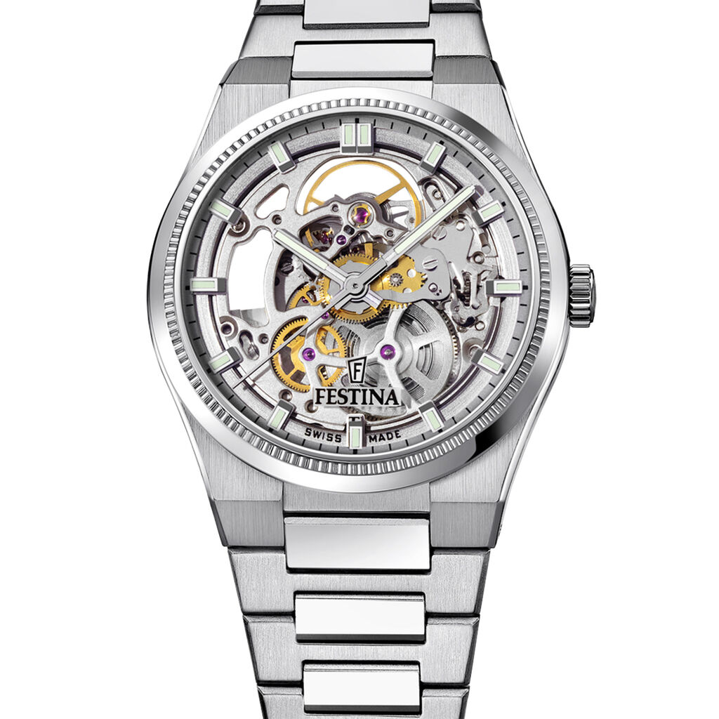 Montre Festina Swiss Made Automatic Squelette 40 Argenté - Montres suisses Homme | Histoire d’Or