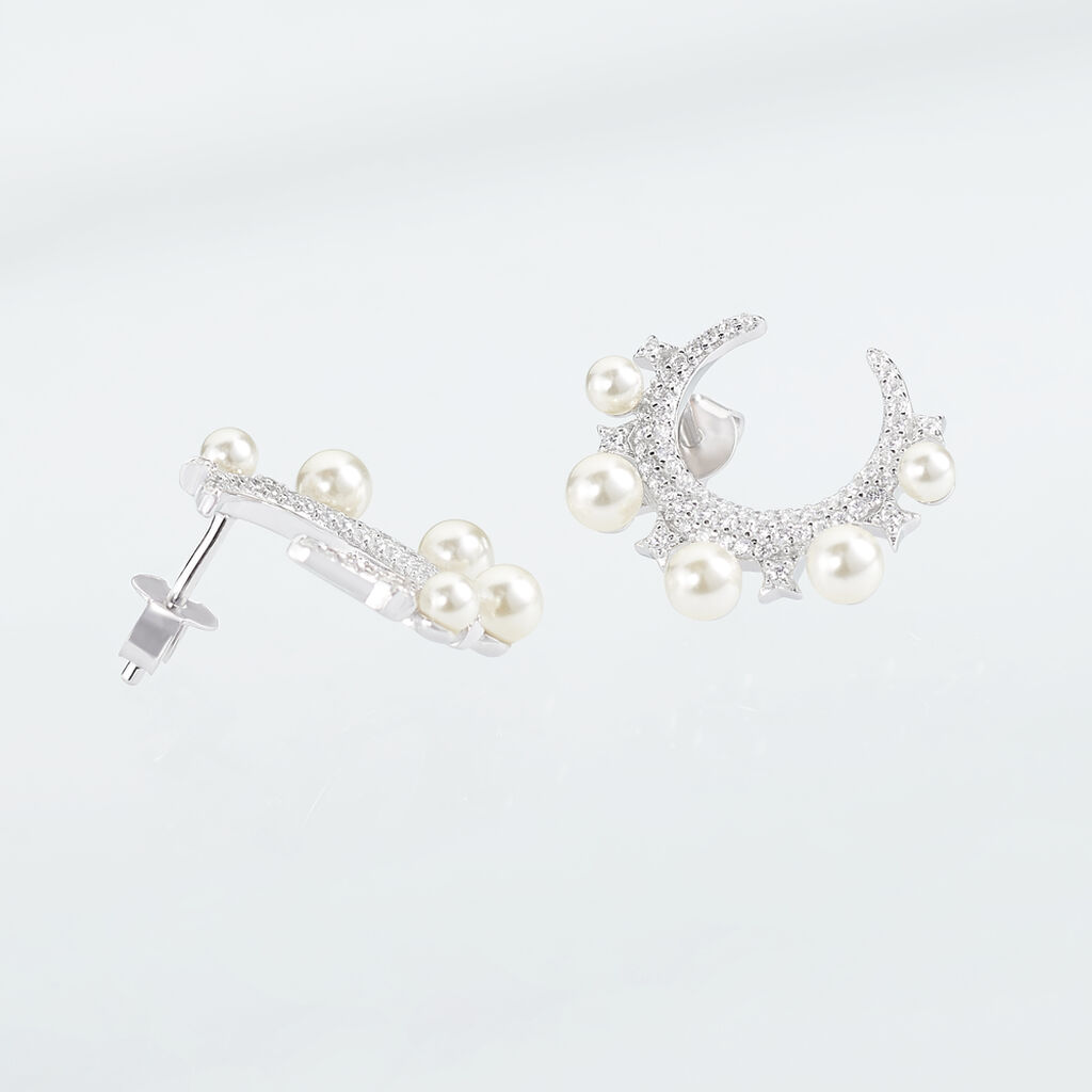 Boucles D'oreilles Puces Moon Argent Perle D'imitation Et Oxyde - Clous d'oreilles Femme | Histoire d’Or