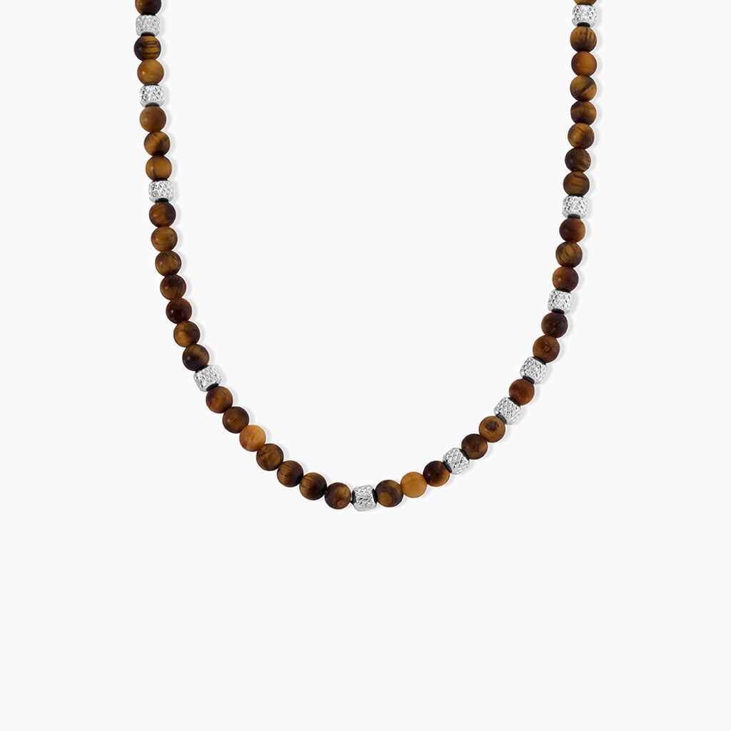Collier Naturel Acier Argent&eacute; Oeil De Tigre - Colliers pierre Homme | Histoire d&rsquo;Or