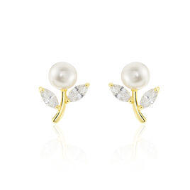 Boucles D'oreilles Puces Frigga Or Jaune Perle De Culture Et Oxyde - Boucles d'Oreilles Plume Femme | Histoire d’Or