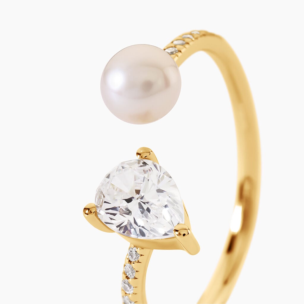 Bague Illona Argent Dor&eacute; A L'Or 750/1000 Perle De Culture Oxyde De Zirconium - Bagues solitaires Femme | Histoire d&rsquo;Or