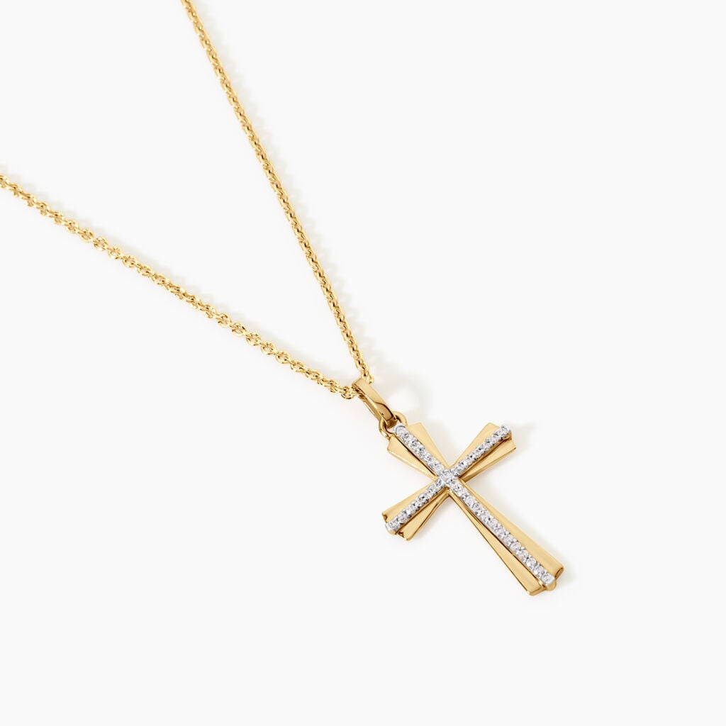 Pendentif Crocetta Argent Dor&eacute; A L'Or 750/1000 Oxyde De Zirconium - Pendentifs Communion  | Histoire d&rsquo;Or