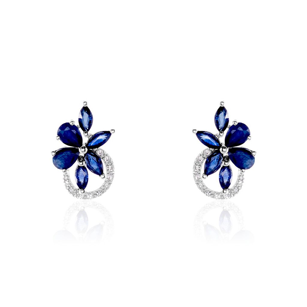 Boucles D'oreilles Puces Bouquet Or Blanc Saphir Et Diamant - Clous d'oreilles Femme | Histoire d’Or