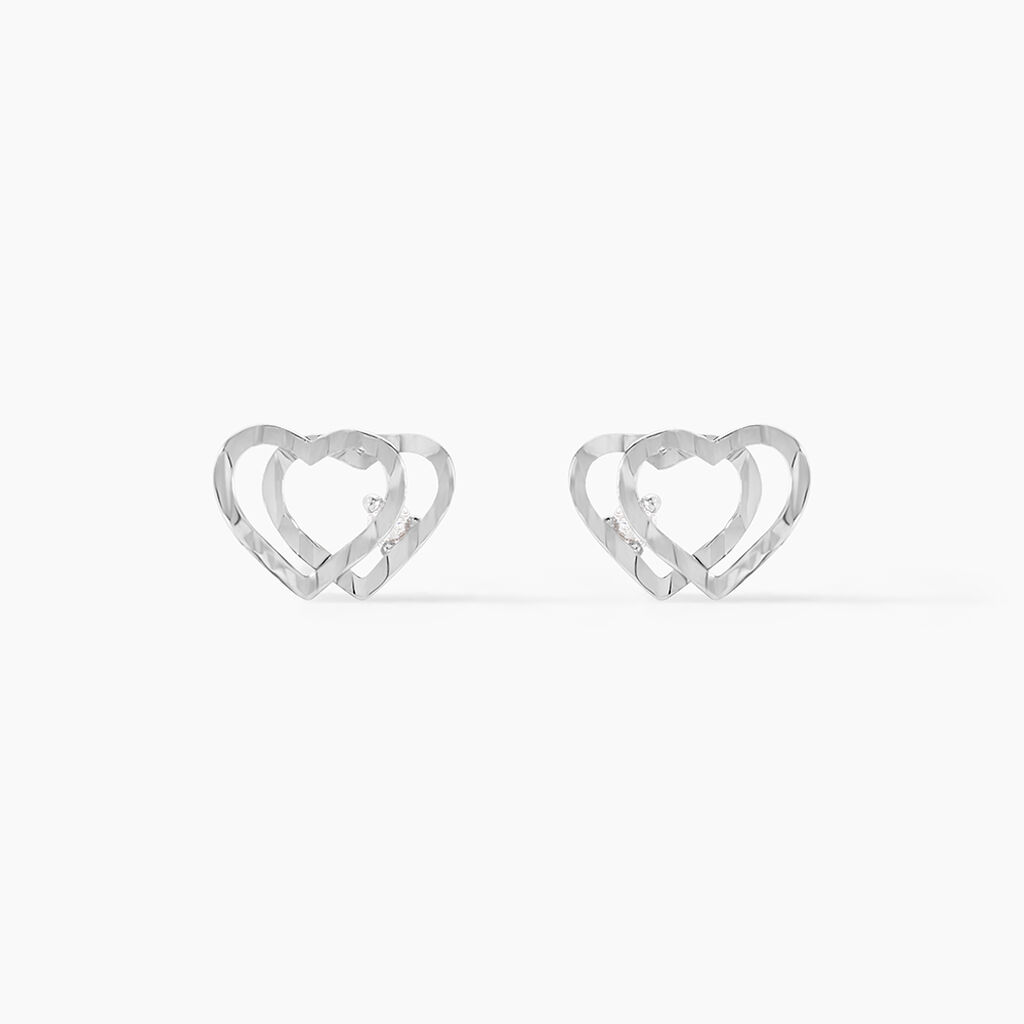Boucles D'oreilles Puces Daria Double Coeurs Or Blanc Oxyde - Clous d'oreilles Femme | Histoire d&rsquo;Or