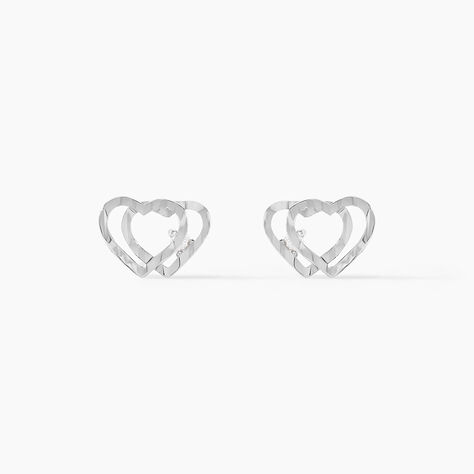Boucles D'oreilles Puces Daria Double Coeurs Or Blanc Oxyde - Clous d'oreilles Femme | Histoire d&rsquo;Or