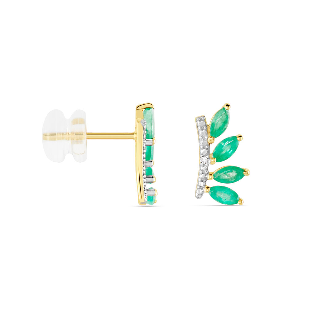 Boucles D'oreilles Puces Navette Or Jaune Emeraude Diamant - Clous d'oreilles Femme | Histoire d’Or