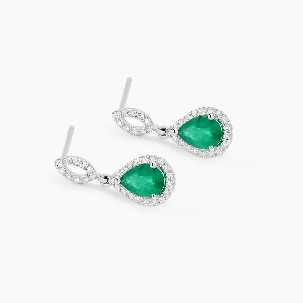 Boucles D'oreilles Puces Sissi Or Blanc Diamant Et Emeraude - Boucles d'oreilles pendantes Femme | Histoire d&rsquo;Or