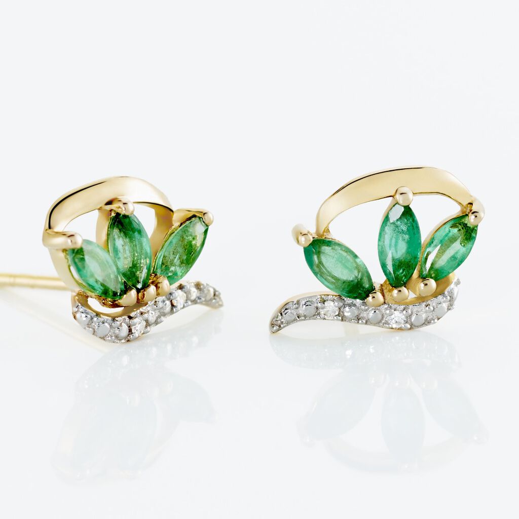 Boucles D'oreilles Puces Or Bicolore Caetlin Emeraude Diamant - Clous d'oreilles Femme | Histoire d’Or