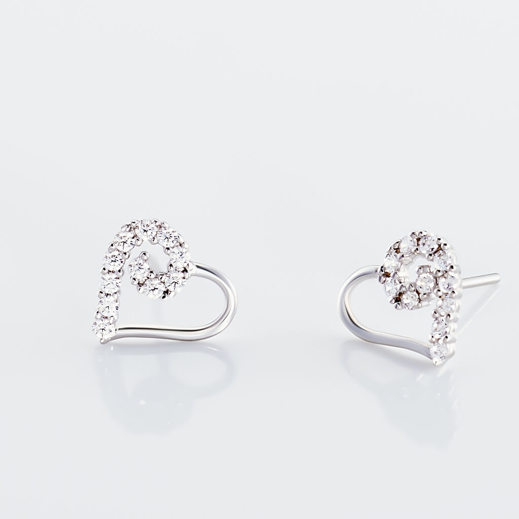 Boucles D'oreilles Puces Eluf C&oelig;ur Or Blanc Oxyde De Zirconium - Clous d'oreilles Femme | Histoire d&rsquo;Or