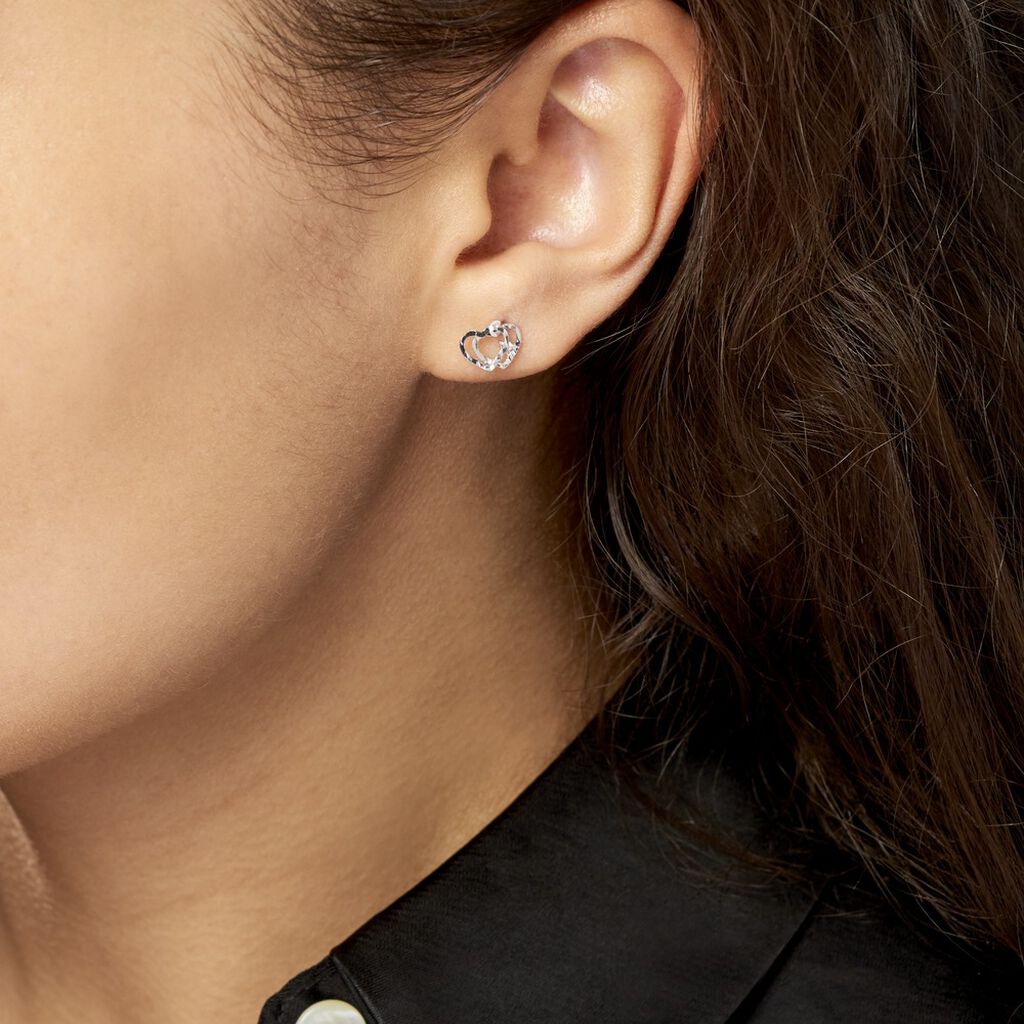 Boucles D'oreilles Puces Daria Double Coeurs Or Blanc Oxyde - Clous d'oreilles Femme | Histoire d’Or