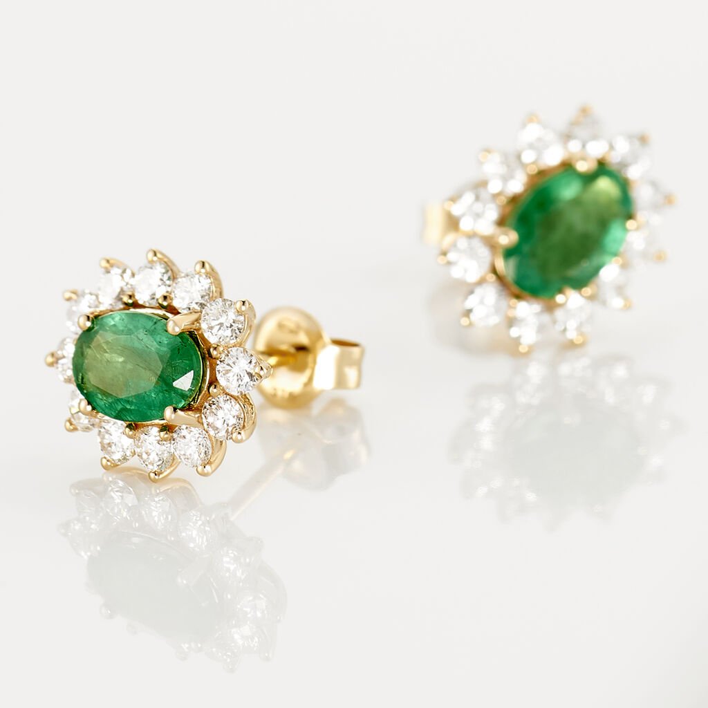 Boucles D'oreilles Or Jaune Emeraude Diamants - Clous d'oreilles Femme | Histoire d’Or