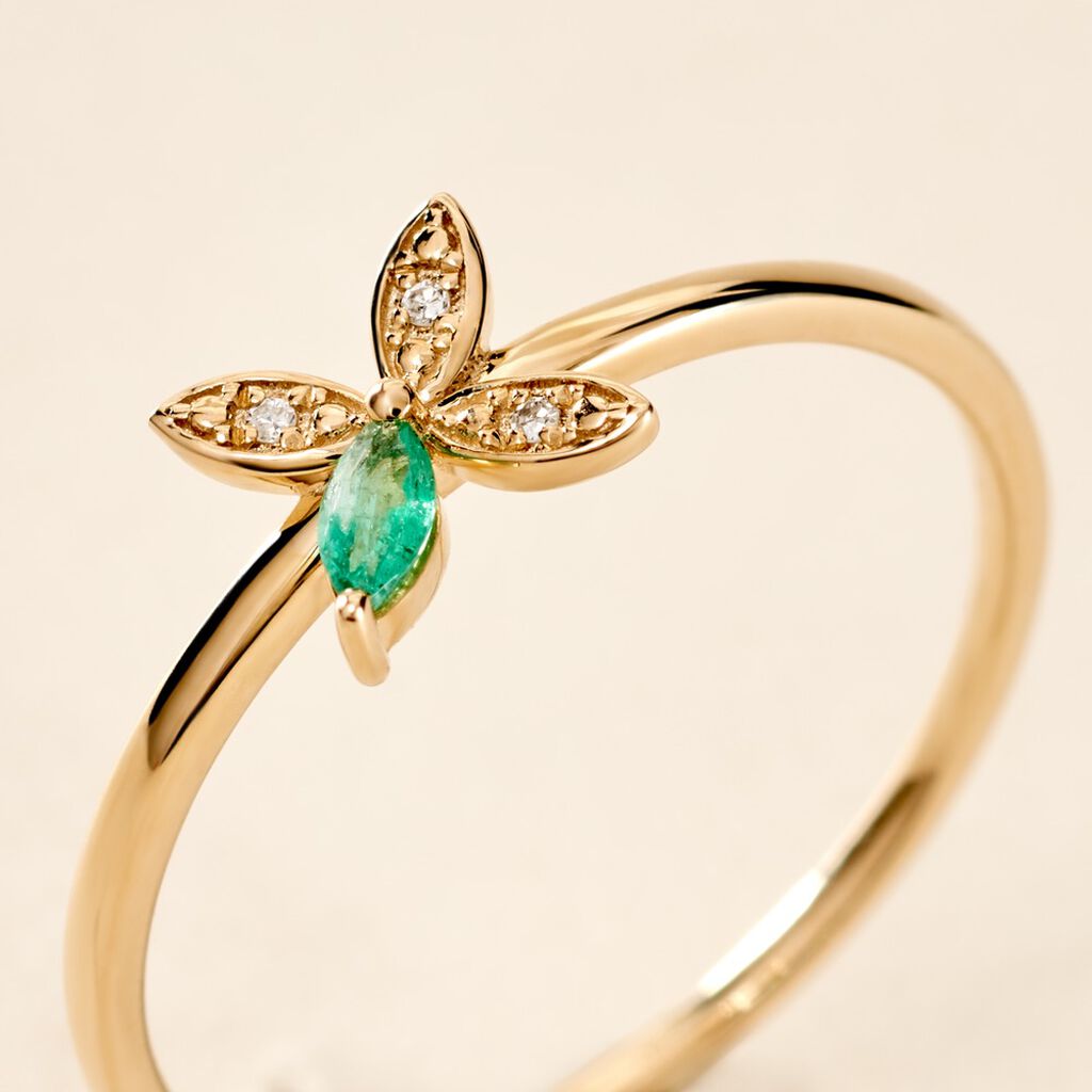 Bague Flower Power Or Jaune Emeraude Diamant - Bagues solitaires Femme | Histoire d&rsquo;Or
