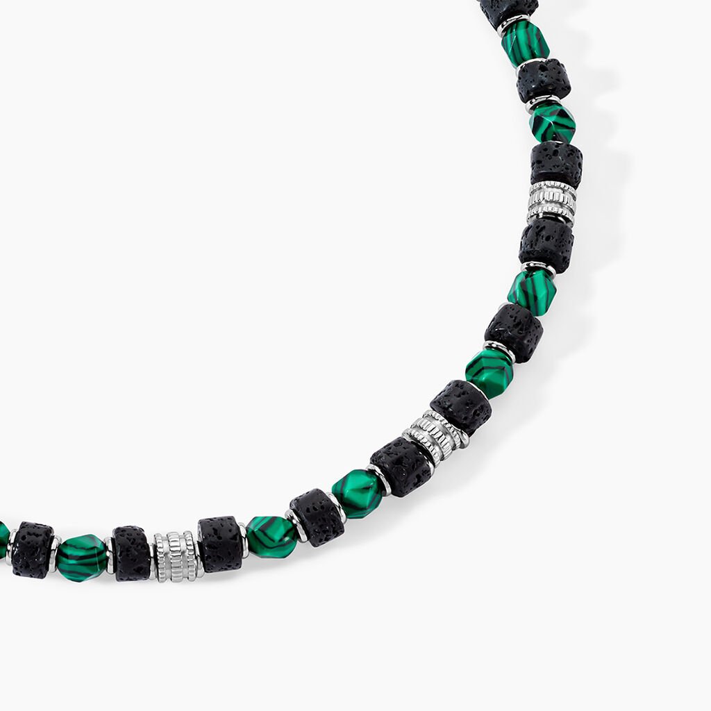 Collier Jourdan Bengale Acier Argenté Malachite Pierre De Lave - Colliers fantaisie Homme | Histoire d’Or