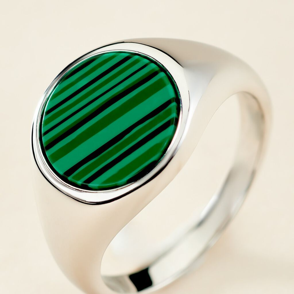 Chevalière Argent Blanc Aileas Malachite - Bagues solitaires Homme | Histoire d’Or