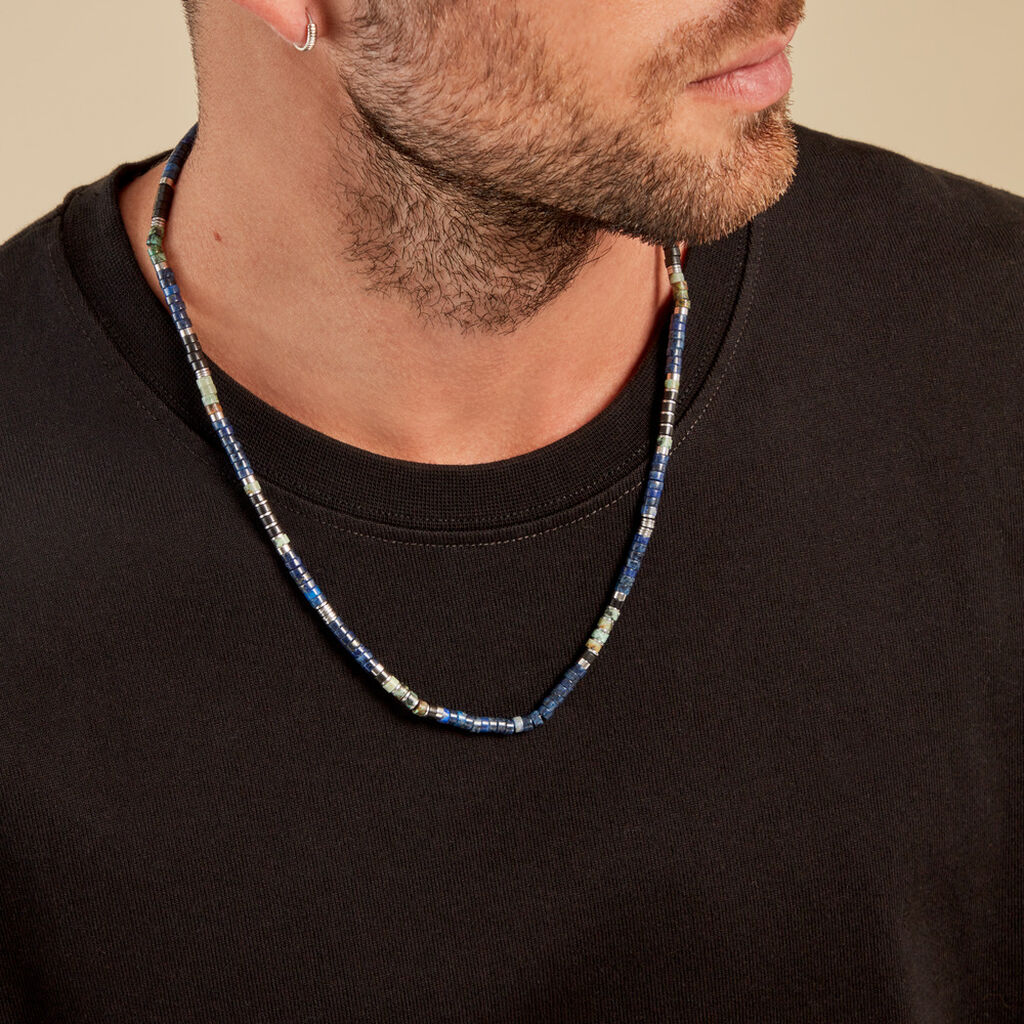 Collier Leeds Acier Blanc Lapis Lazuli Turquoise Pierre De Synthese - Colliers fantaisie Homme | Histoire d’Or