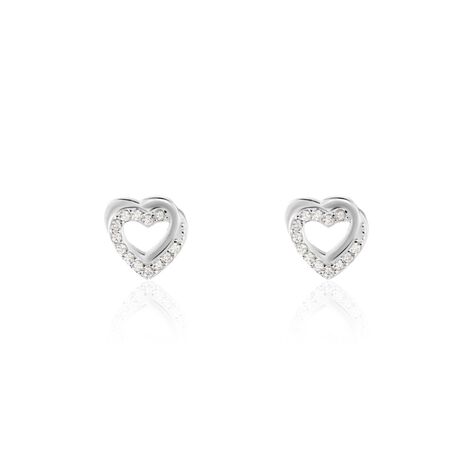 Boucles D'oreilles Puces Argent Blanc Centondis Oxydes De Zirconium - Boucles d'Oreilles Coeur Femme | Histoire d’Or