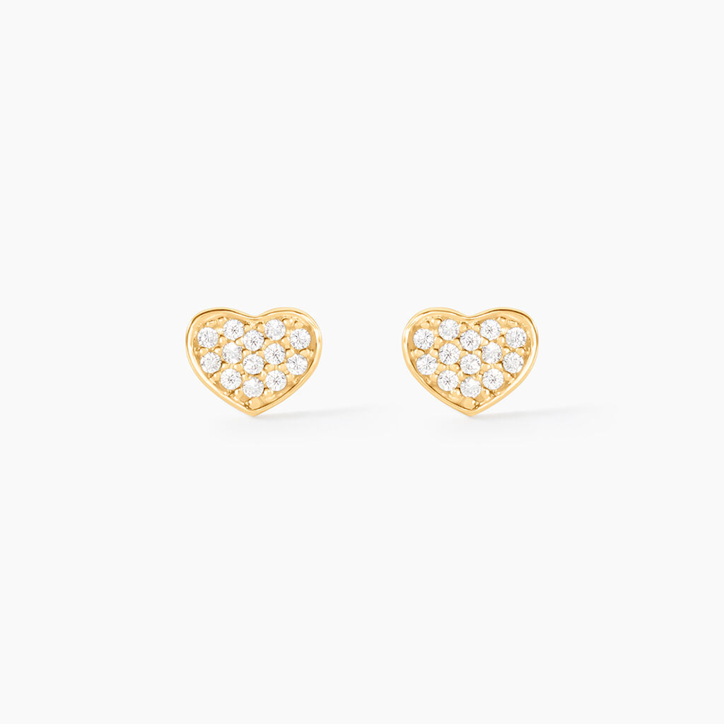 Boucles D'oreilles Puces Giosue Coeur Plein Or Jaune Oxyde De Zirconium - Clous d'oreilles Famille | Histoire d&rsquo;Or