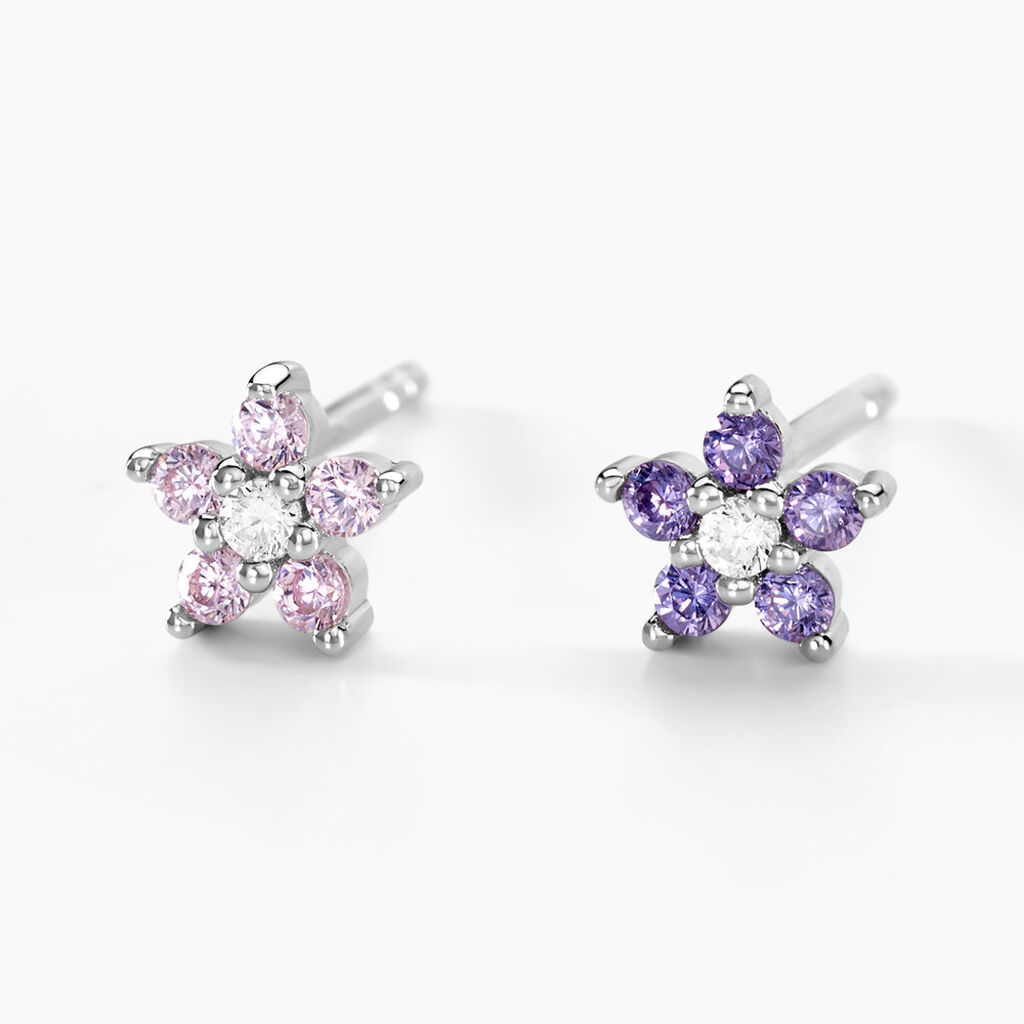 Boucles D'oreilles Puces Purple Bloom Argent Blanc Oxyde De Zirconium - Boucles d'oreilles fantaisie Femme | Histoire d’Or
