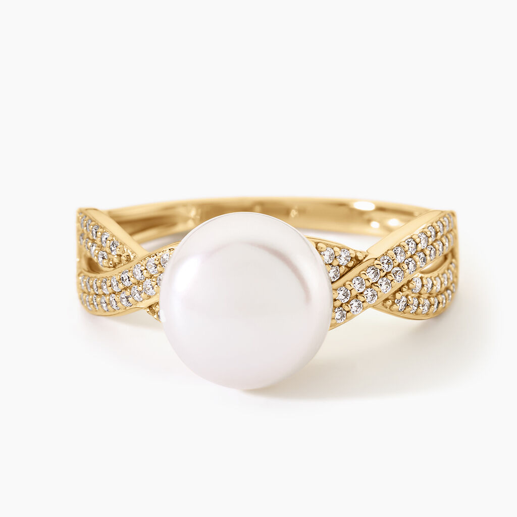 Bague Maria-Theresa Argent Dor&eacute; A L'Or 750/1000 Perle De Culture Oxyde De Zirconium - Bagues solitaires Femme | Histoire d&rsquo;Or