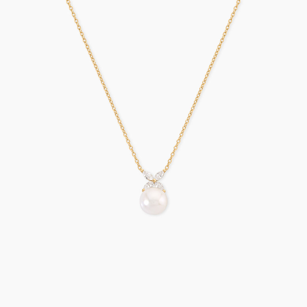 Collier Norah Argent Dor&eacute; A L'Or 750/1000 Perle De Culture Oxyde De Zirconium - Colliers Femme | Histoire d&rsquo;Or