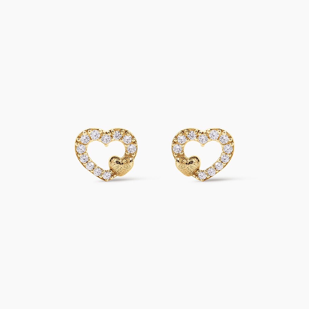 Boucles D'Oreilles Puces Daria Double Coeurs Argent Dor&eacute; A L'Or 750/1000 Oxyde De Zirconium - Boucles d'oreilles fantaisie Enfant | Histoire d&rsquo;Or