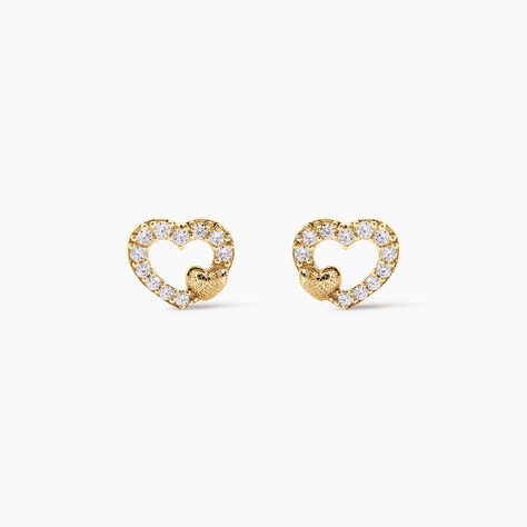 Boucles D'Oreilles Puces Daria Double Coeurs Argent Dor&eacute; A L'Or 750/1000 Oxyde De Zirconium - Boucles d'oreilles fantaisie Enfant | Histoire d&rsquo;Or