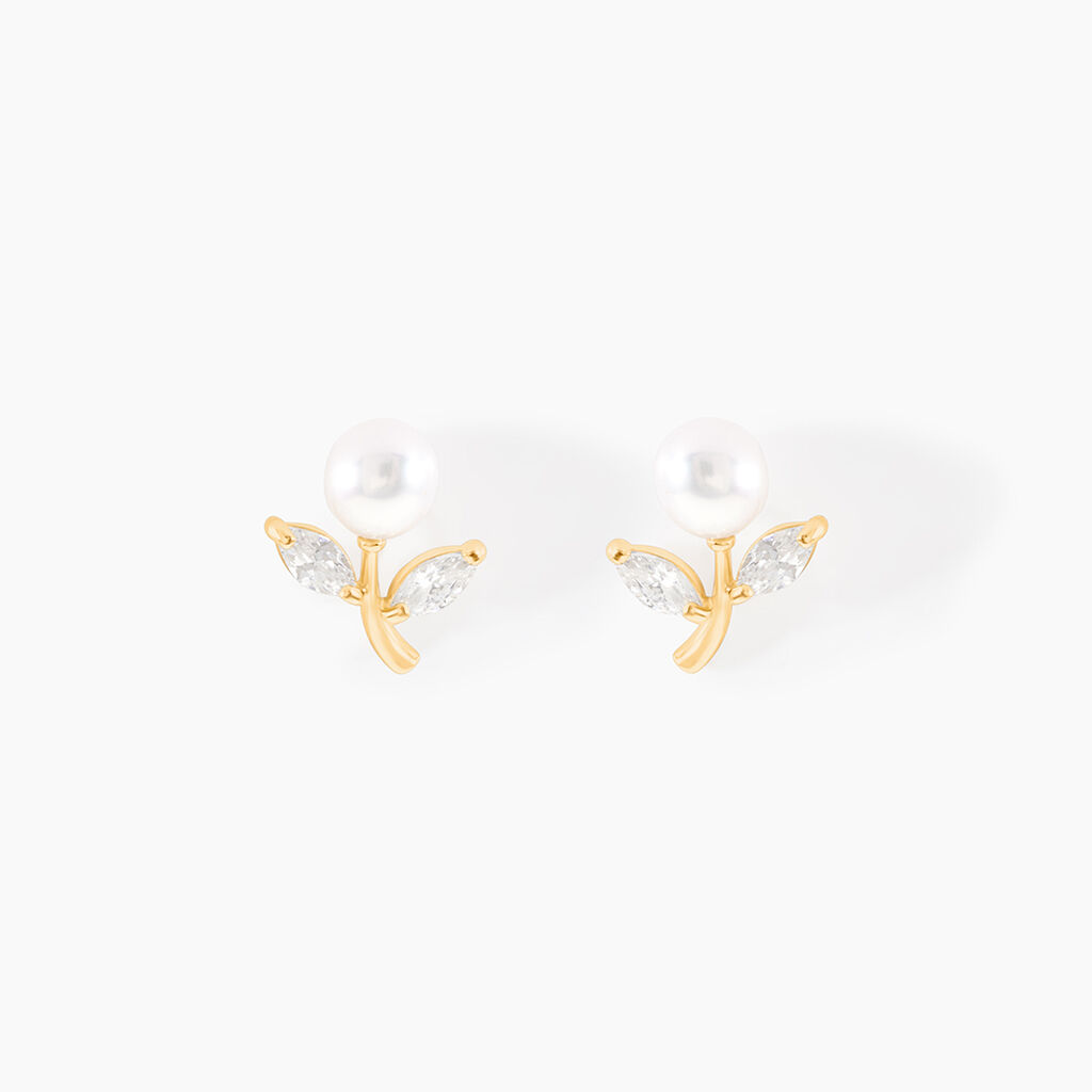 Boucles D'oreilles Puces Frigga Or Jaune Perle De Culture Et Oxyde - Clous d'oreilles Femme | Histoire d’Or
