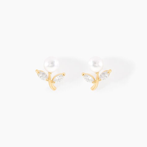 Boucles D'oreilles Puces Frigga Or Jaune Perle De Culture Et Oxyde - Clous d'oreilles Femme | Histoire d’Or