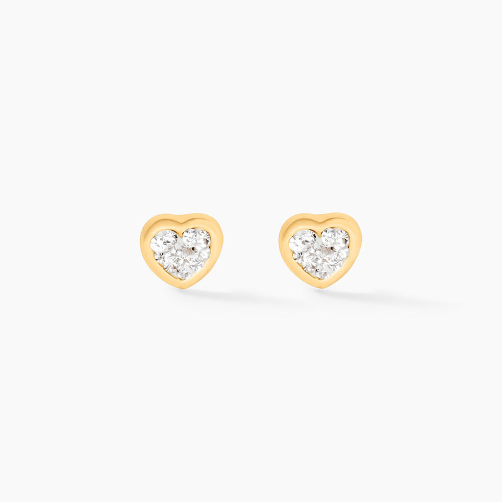 Boucles D'oreilles Puces Edme C&oelig;ur Or Jaune Strass - Clous d'oreilles Famille | Histoire d&rsquo;Or