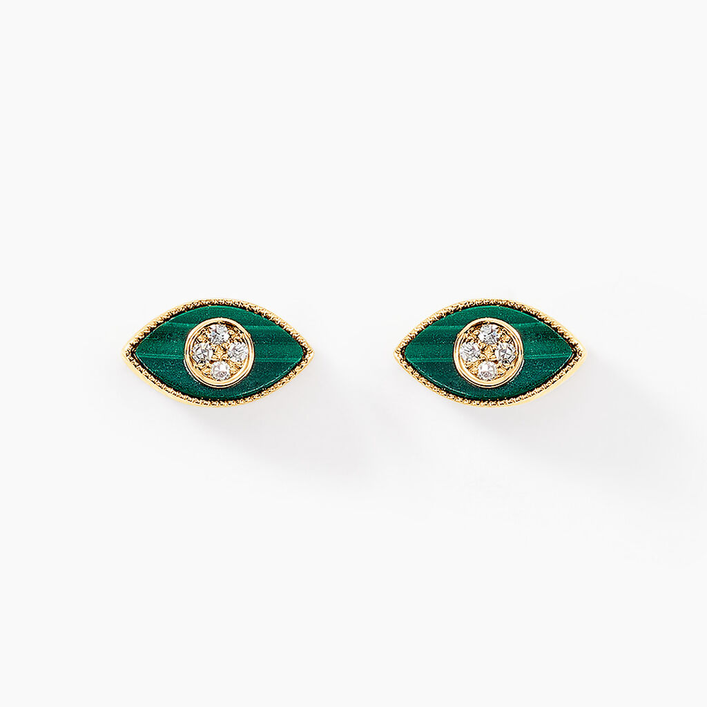 Boucles D'oreilles Puces Matiasma Or Jaune Malachite Diamant - Clous d'oreilles Femme | Histoire d&rsquo;Or