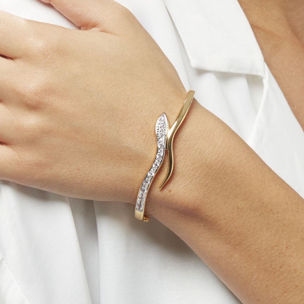 Bracelet Jonc « Hattie » – Doré Et Blanc, Acier Titane Plaqué Or 18 Carats – Taille Unique 60 Mm – Cadeau élégant Pour Femme