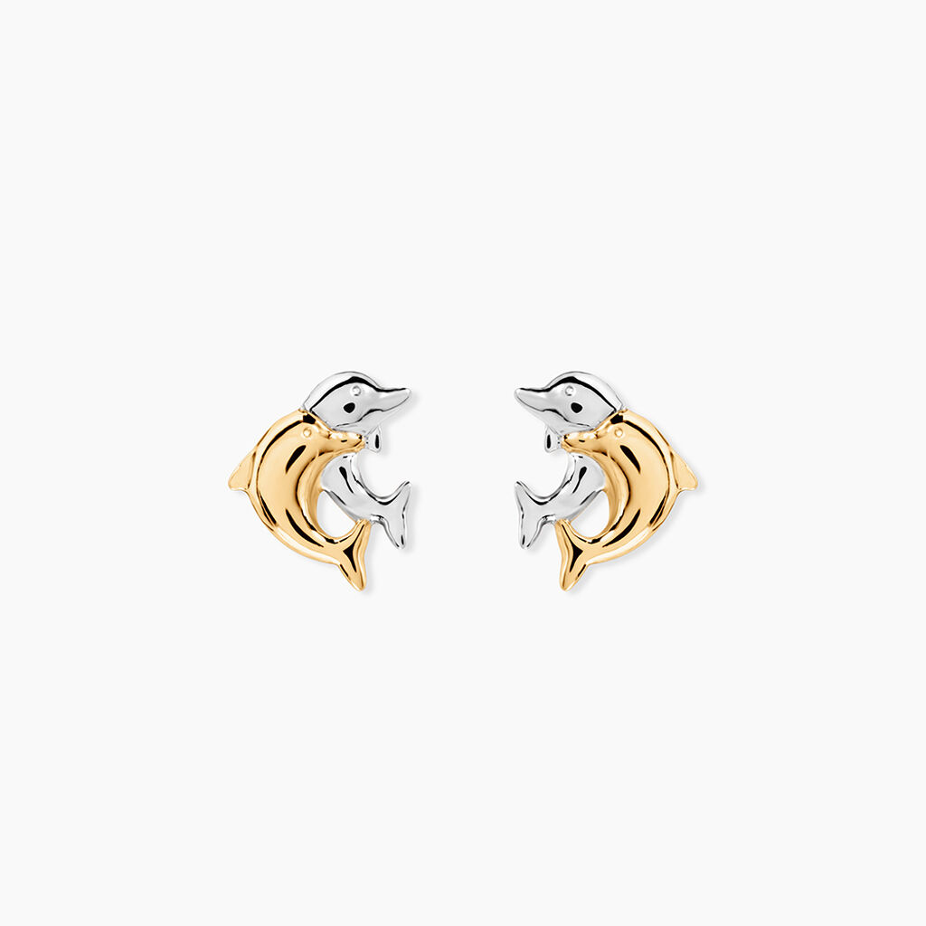 Boucles D'oreilles Puces Fulvie Double Dauphins Or Bicolore - Clous d'oreilles Femme | Histoire d&rsquo;Or