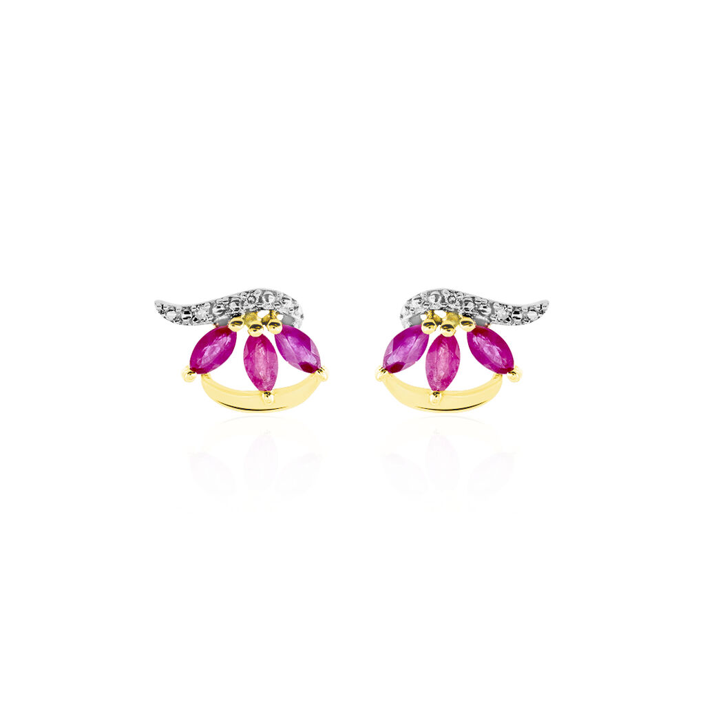 Boucles D'oreilles Puces Petale Or Bicolore Rubis Et Diamant - Clous d'oreilles Femme | Histoire d’Or