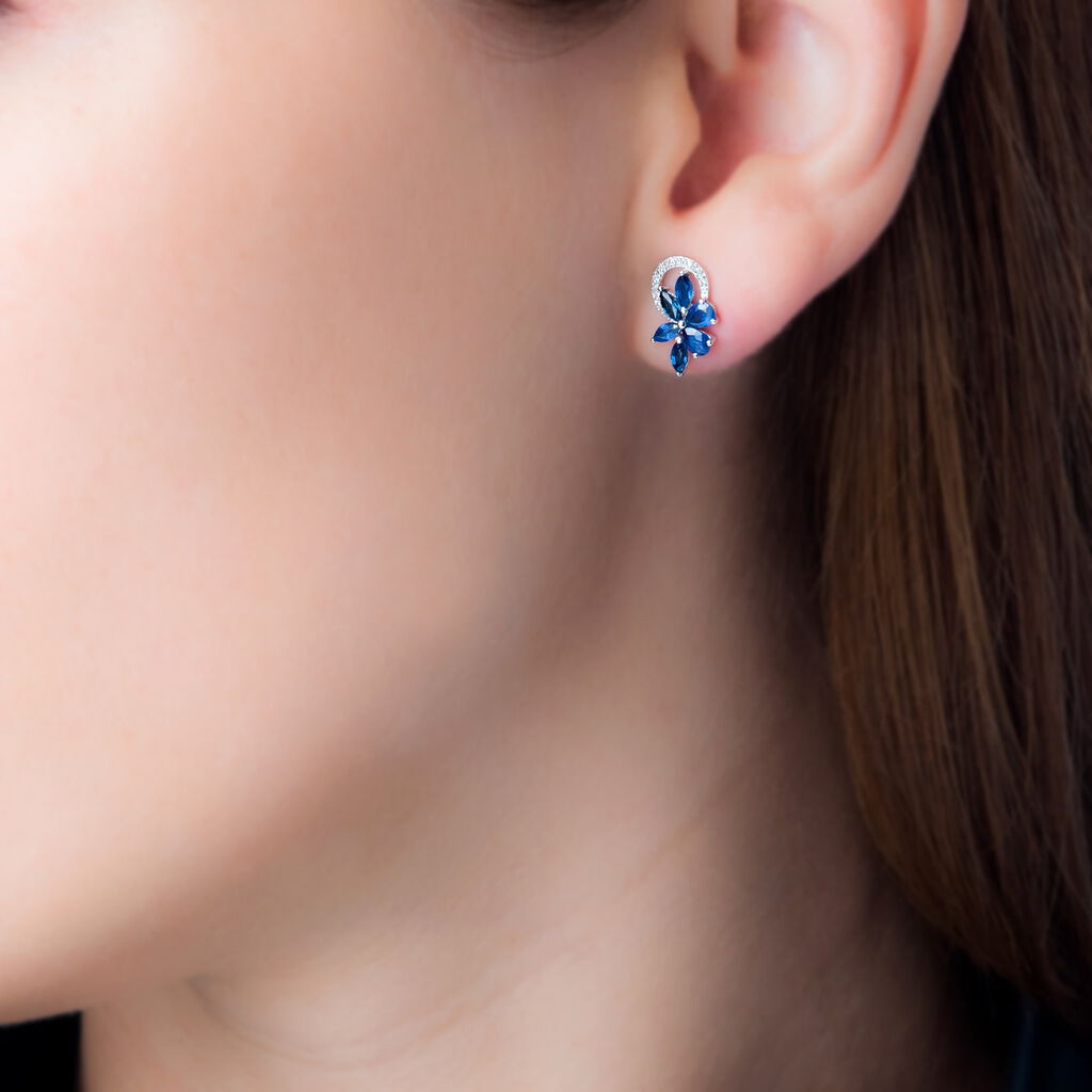 Boucles D'oreilles Puces Bouquet Or Blanc Saphir Et Diamant - Clous d'oreilles Femme | Histoire d’Or