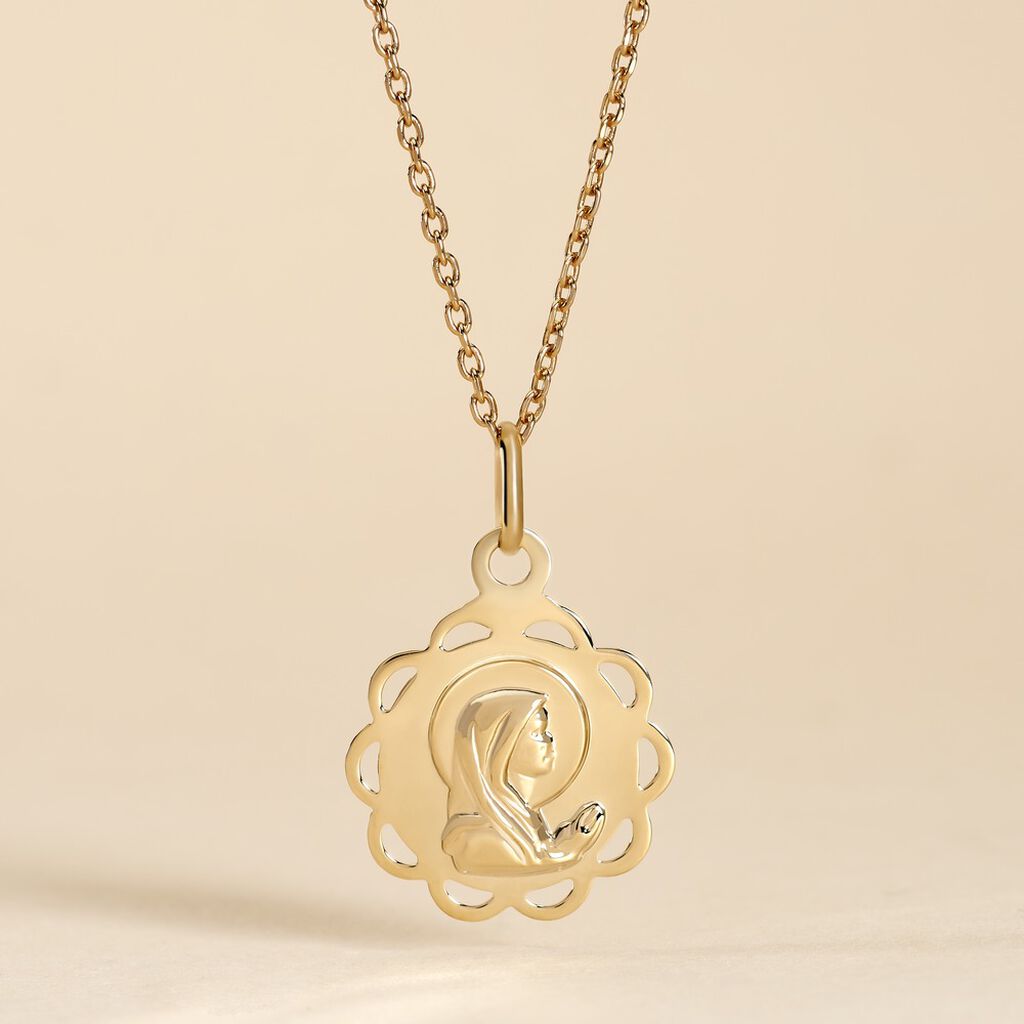 Pendentif Vierge Rond Dentelle Or Jaune - Pendentifs Bapt&ecirc;me Famille | Histoire d&rsquo;Or
