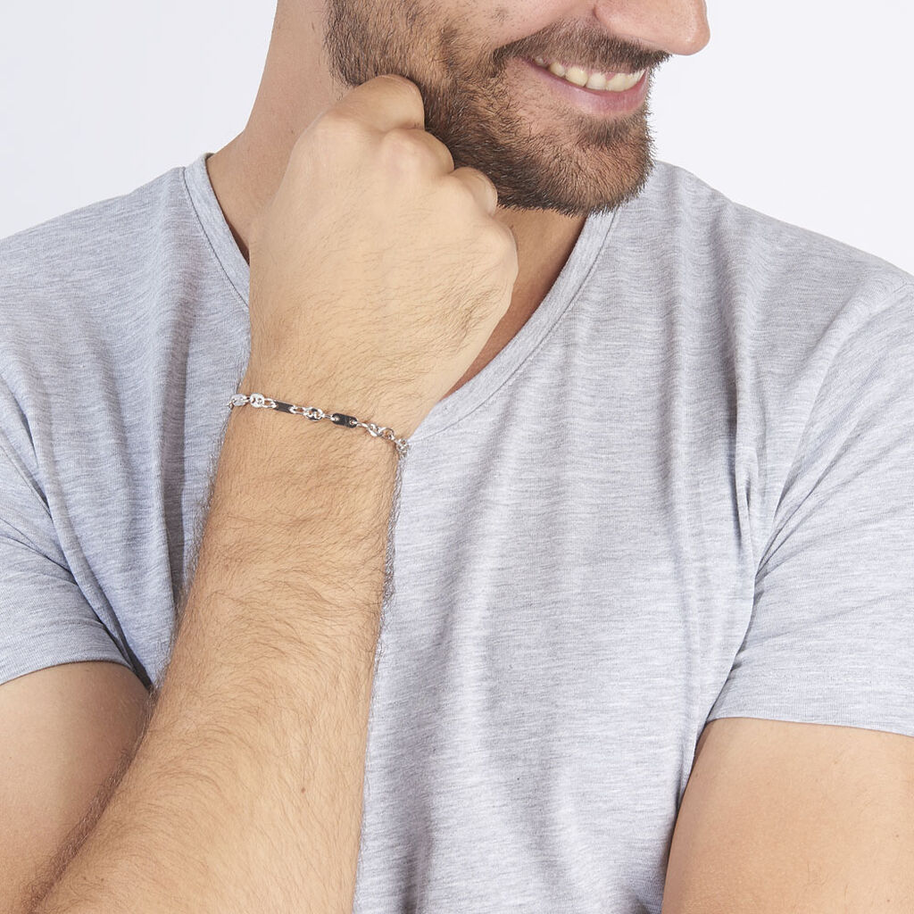 Bracelet Pomeline Maille Grain De Cafe Et Plaquettes Argent Blanc - Bracelets chaîne Homme | Histoire d’Or
