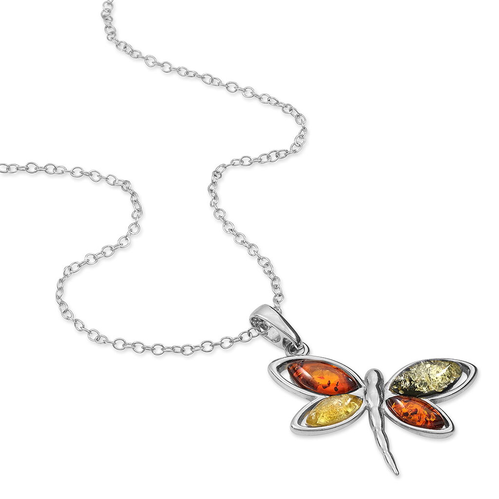 Collier Libellule Argent Blanc Ambre - Colliers fantaisie Femme | Histoire d’Or