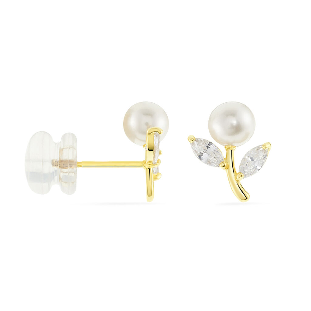 Boucles D'oreilles Puces Frigga Or Jaune Perle De Culture Et Oxyde - Clous d'oreilles Femme | Histoire d’Or